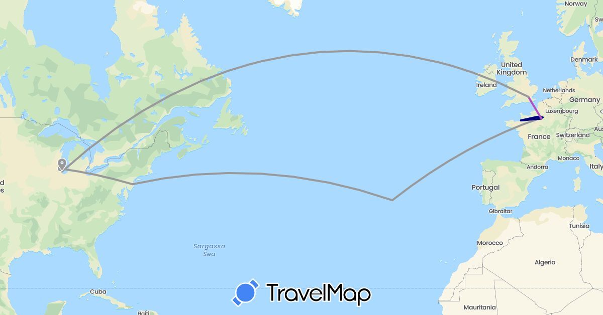 TravelMap itinerary: driving, plane, train in France, United Kingdom, Portugal, United States (Europe, North America)